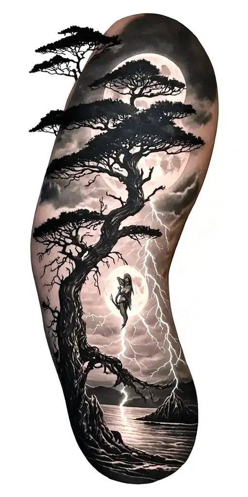 Viking Rume And Moon And Freya Goddes Body Tree And Lightning Bolt