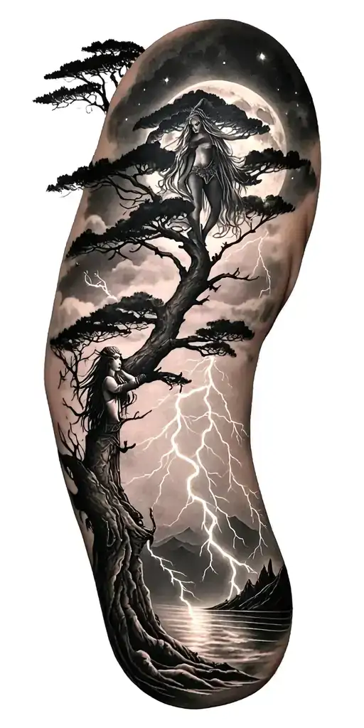 Viking Rume And Moon And Freya Goddes Body Growing In Tree And Lightning Bolt