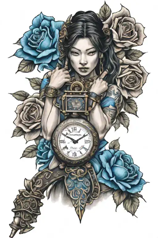 Lady Samurai Warrior And Blue Roses And Watch And Women Holding Baby In Hands