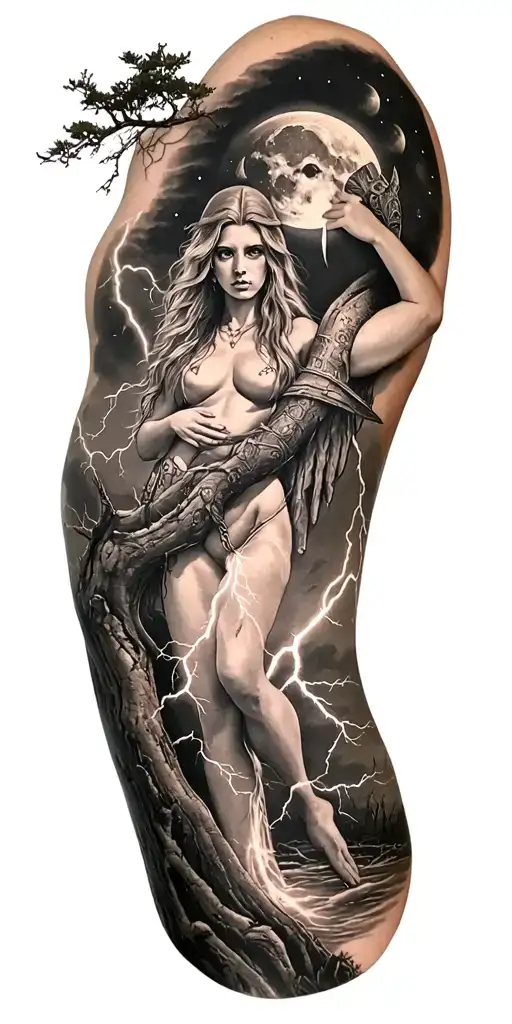 Viking Rume And Moon And Freya Goddes Body Growing In Tree And Lightning Bolt