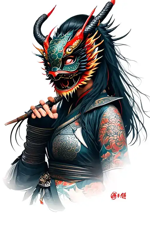 Female Samurai In Dragon Mask Holding
