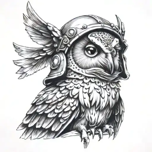 Owl With Athena War Helmet Adorned