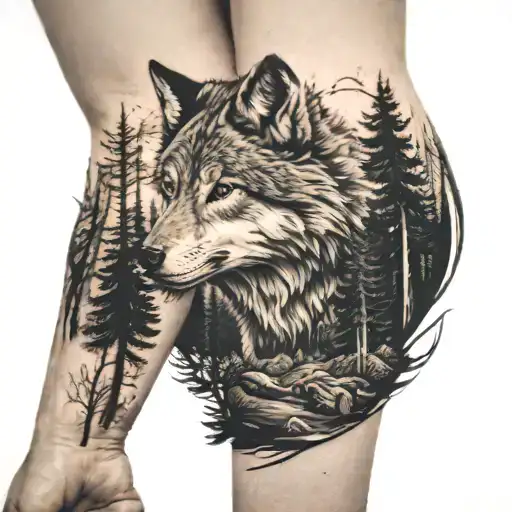 Forest On Fore Arm Tattoo With A Wolf On Hand