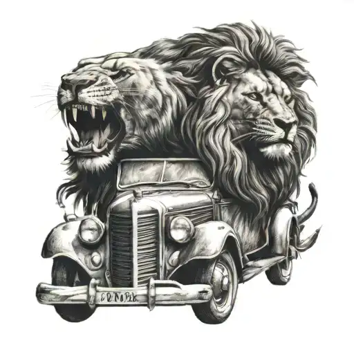 A Car With A Roaring Lion Head As The Hood Ornament