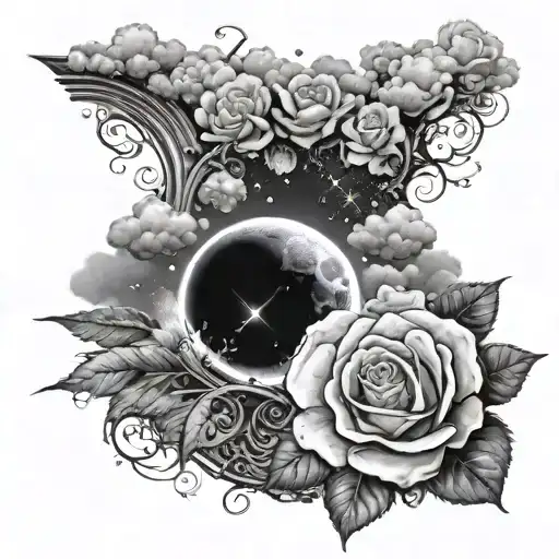 Half Moon Near A Star Staying Abive Some Coulds And The Clouds Are Crying Above A Rose