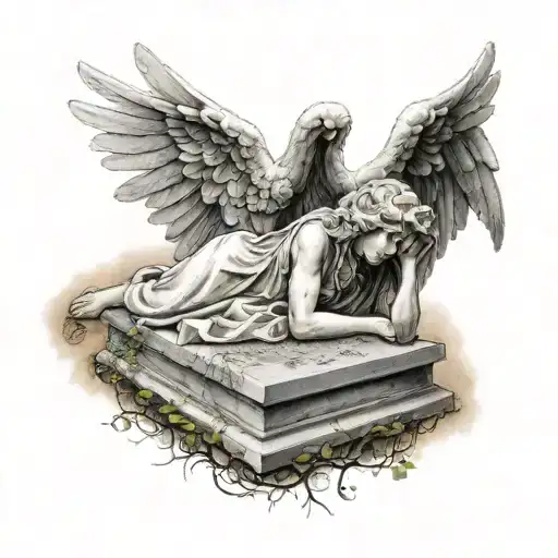 Weeping Realistic Stone Angel Laying Over A Grave