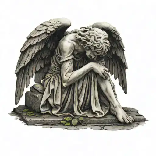 Weeping Realistic Stone Angel Laying Over A Grave Crying Face Down