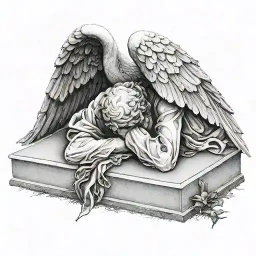 Weeping Realistic Stone Angel Laying Over A Grave Crying Face Down