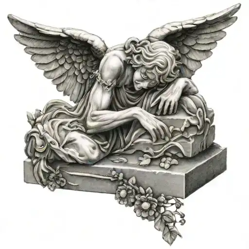 Weeping Realistic Stone Angel Laying Over A Grave Crying Face On The Grave