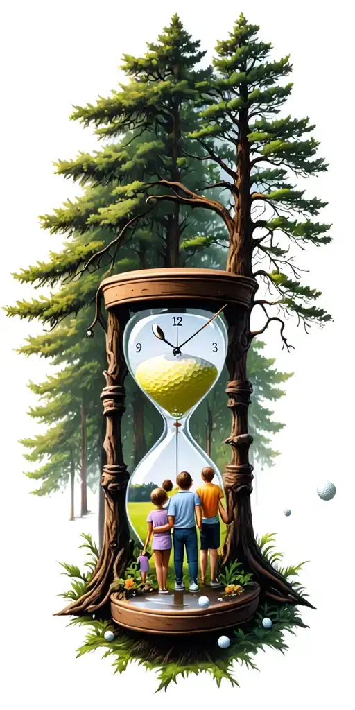 Forest And Family Tree And Hour Glass Father With 3 Kids And Golf And