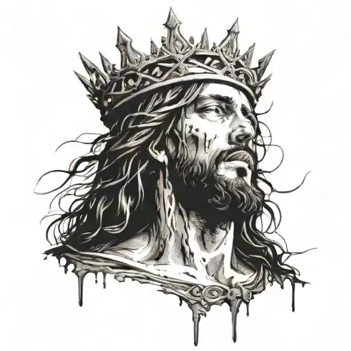 A Jesus With A Crown Of Spikes Bleeding As He Looks U To The Sky