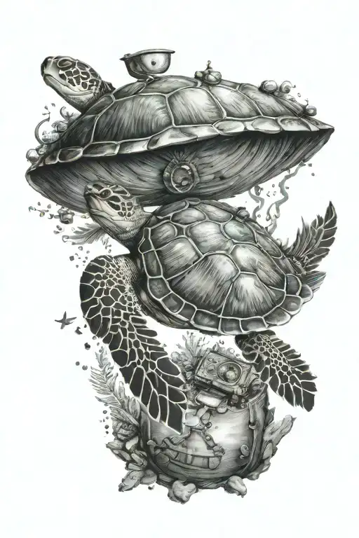 Sea Turtle Underwater With Treasure Chest