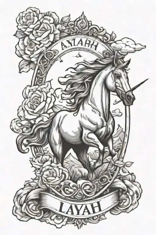 Arm Sleeve With Unicorns In The Background And The Name Layah Helene In The Middle