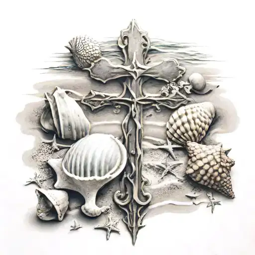 A Realistic Tattoo Of A Beach Scene With Seashells Arranged To Form A Christian Cross