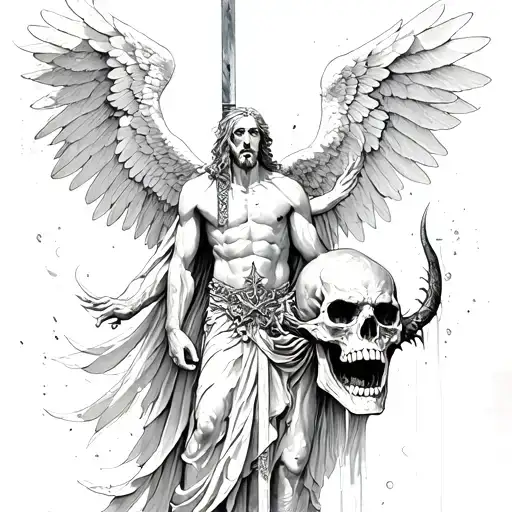 Archangel Standing Over Satan With Sword Through His Skull