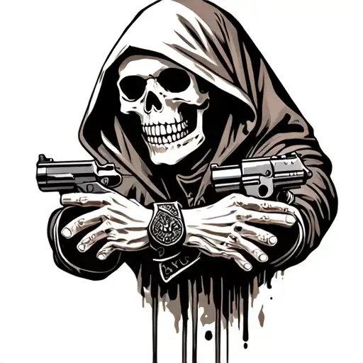 A Hooded Skeleton Holds Two Pistols With Silencers In His Crossed Hands
