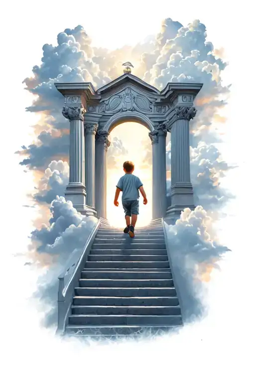 Little Boy Walking Up Stairway To Heaven Gates With Clouds