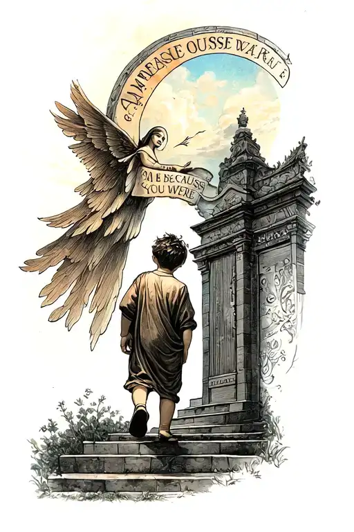 Little Boy Walking Up To Heavens Gate And Saying I Am Because You Were