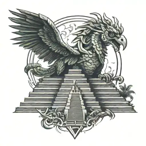 Quetzalcoatl With A Mexican Pyramid And An Eclipse With A Forest Background