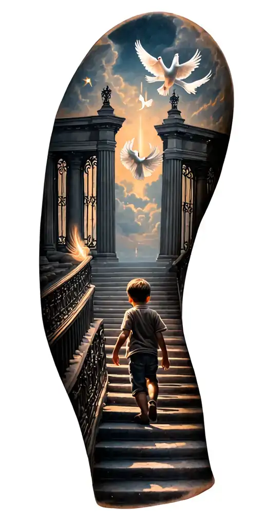 Little Boy Walking Up A Staircase To Heaven Gates Doves Flying And Lights