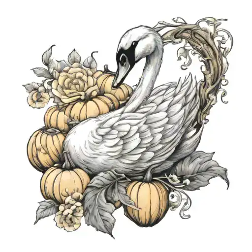 Swan Sitting On Pumpkin With Flowers Blooming Flowers