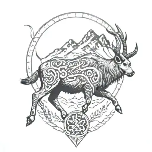 Steinbock With Mountain Peaks With Viking Runes As Border