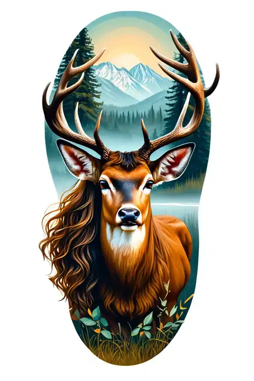 Woman With Stag In Wilderness