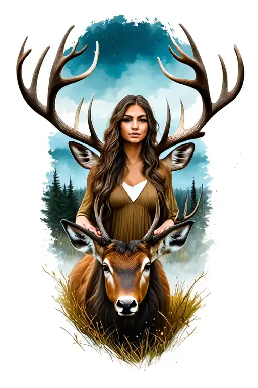 Woman Standing With Stag In Wilderness