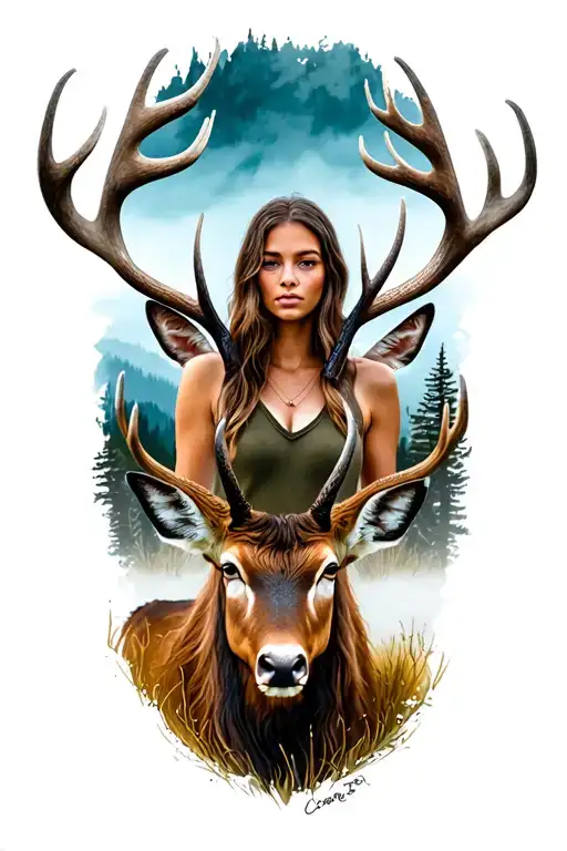 Woman Standing With Stag In Wilderness