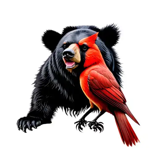 A Realistic Portrait Of A Louisiana Black Bear And A Red Cardinal In A Celtic Tribal Style