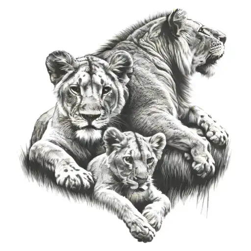 Lion Lioness And Two Lion Cubs