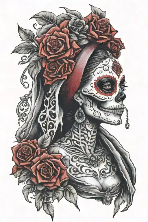 Mexican Catrina With Robe Tattoo With Sculls Black And Red