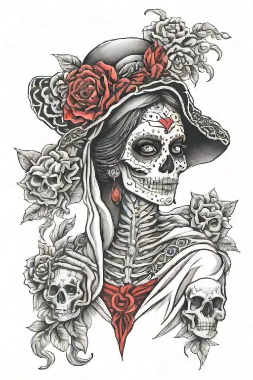 Mexican Catrina In A Robe Tattoo With Sculls Black And Red