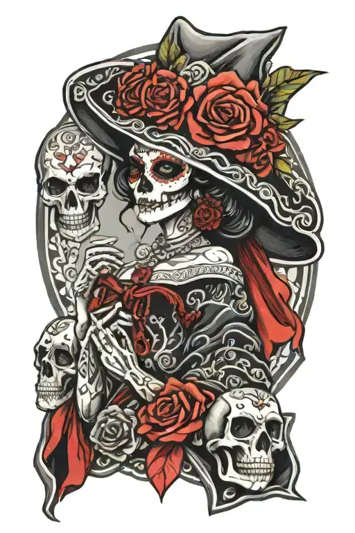 Mexican Catrina In A Robe And With Sculls Black And Red Chicano