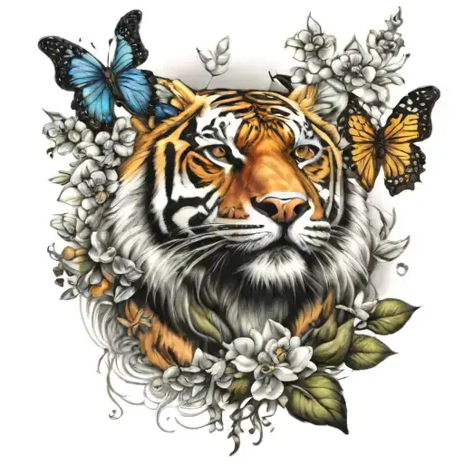Walking Tiger With Blossoms And Butterflies