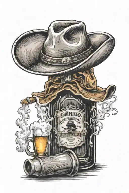 Beer Bottle With A Cowboy Hat & Smoking