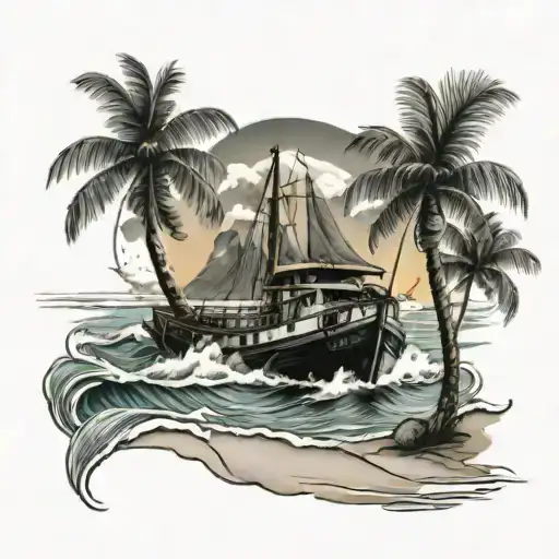 Tropical Beach With A Tug Boat Sailing