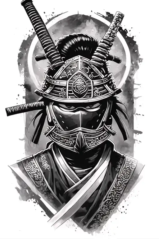 Samurai With Katana In Mask Black And White Tattoo Sketch Simple