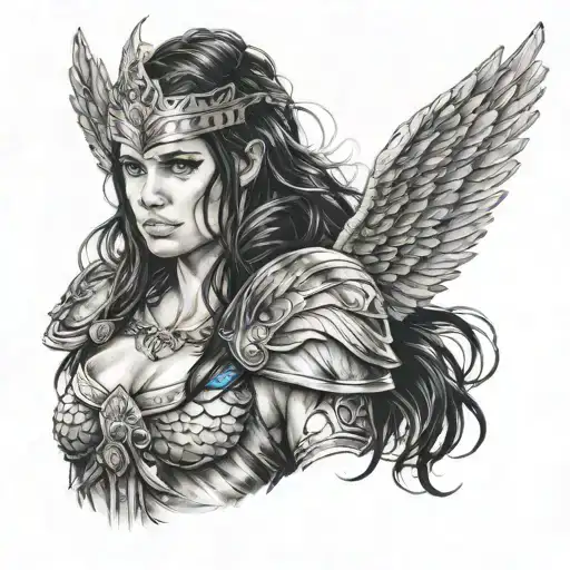 A Realism Tattoo Of A Beautiful Valkyrie Warrior With Gorgeous Face And Blue Eyes And Black Hair