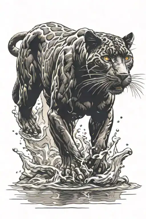 Black Panther Walking Forward Stepping On A Puddle Of Water