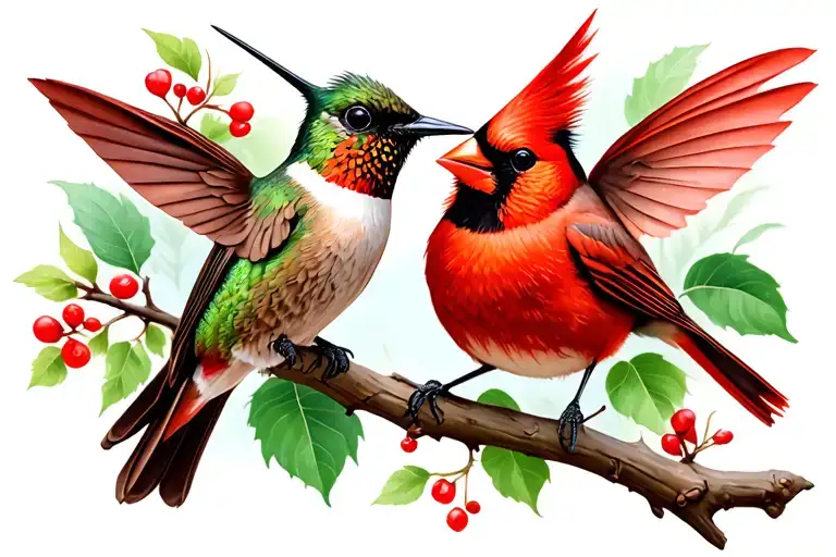 Red Cardinal And Hummingbird Sitting Together On Branch