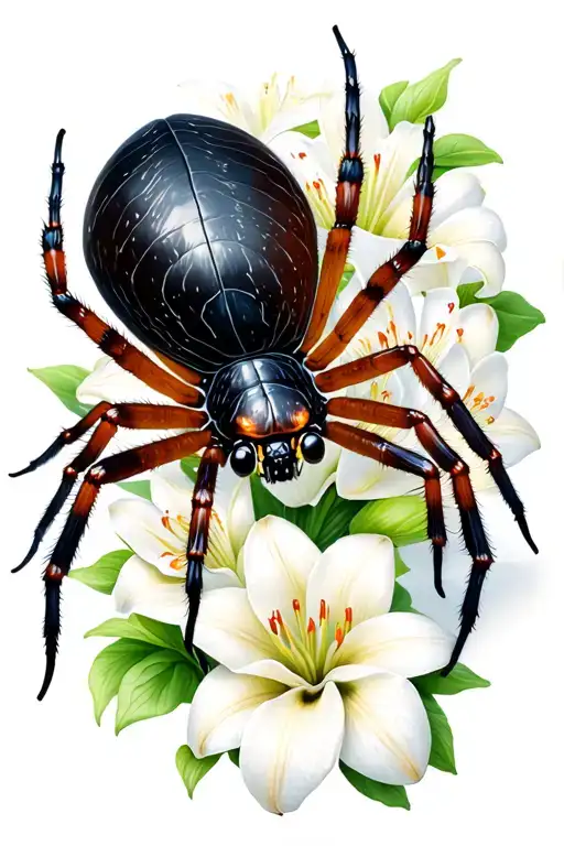 Realistic Black Window Spider Surrounded By Lillies