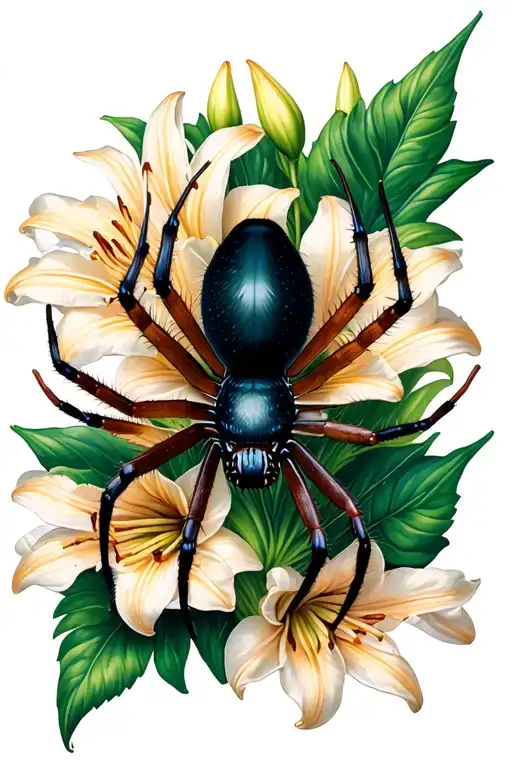 Realistic Black Window Spider Surrounded By Lillies