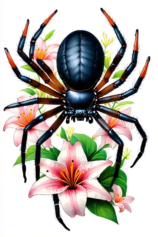 Realistic Black Window Spider Surrounded By Lillies Climbing Up My Right Outer Thigh