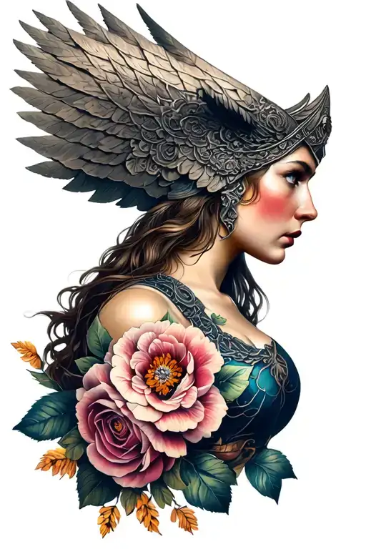 Valkyrie With A Flowers Like Roses And Peonies