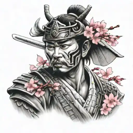 Samurai In Black And White With Cherry Blossom In Color