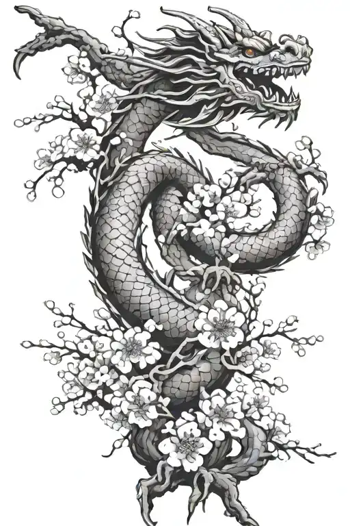 Japanese Dragon With Cherry Blossom And Building