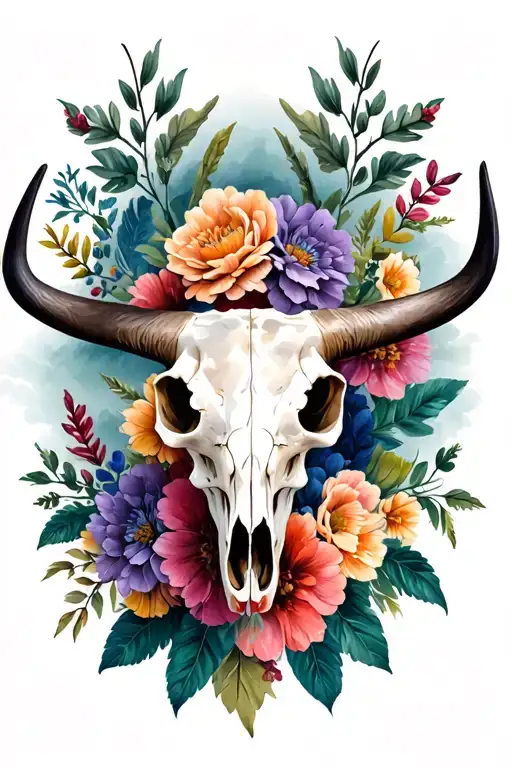 Longhorn Skull Surrounded By Flowers