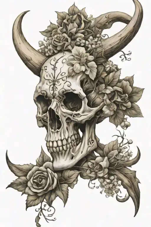 Cross And Long Horn Skull With Wild Flowers