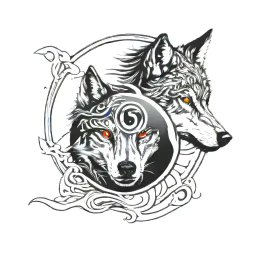 An Abstract Design Of A Wolf And A Sharingan Eye Intertwined In A Yin-yang Symbol